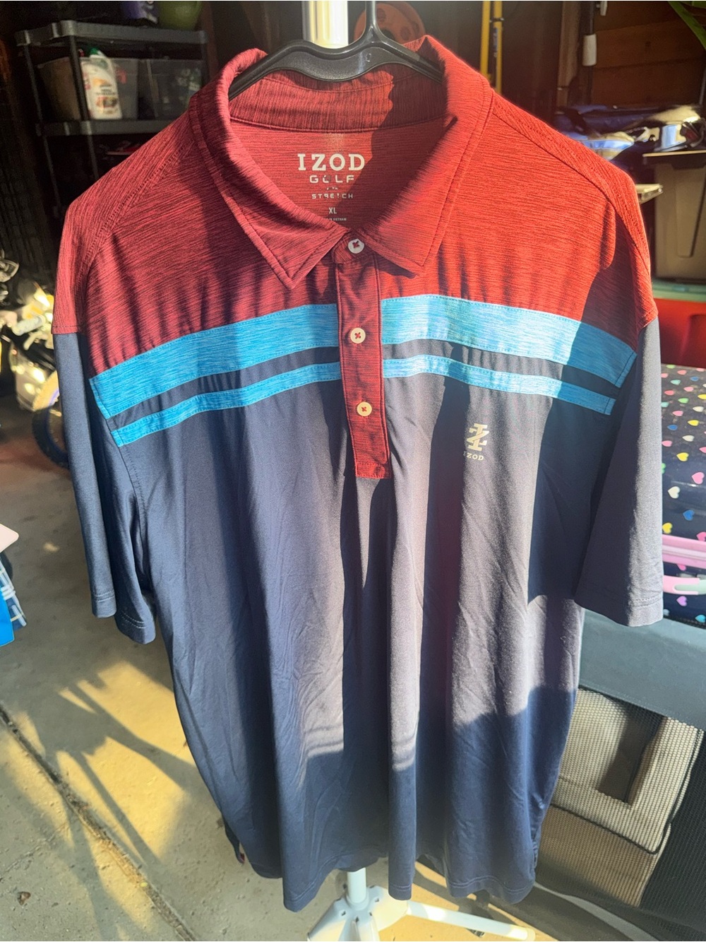 Izod Men's Red and Navy Colorblock Polo with Light Blue Stripes
